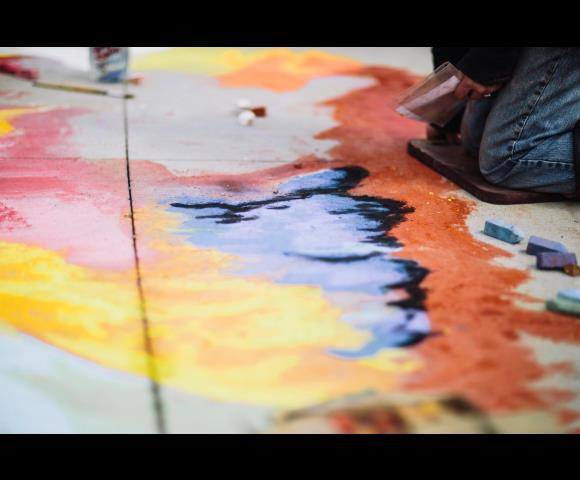 Painting with yellow, pink, red colors