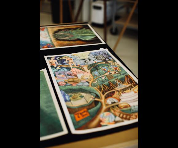 Artwork with blue, green, orange colors